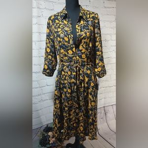 LS FloralPrint Crepe Midi Shiftdress Black Yellow Nanette Lepore